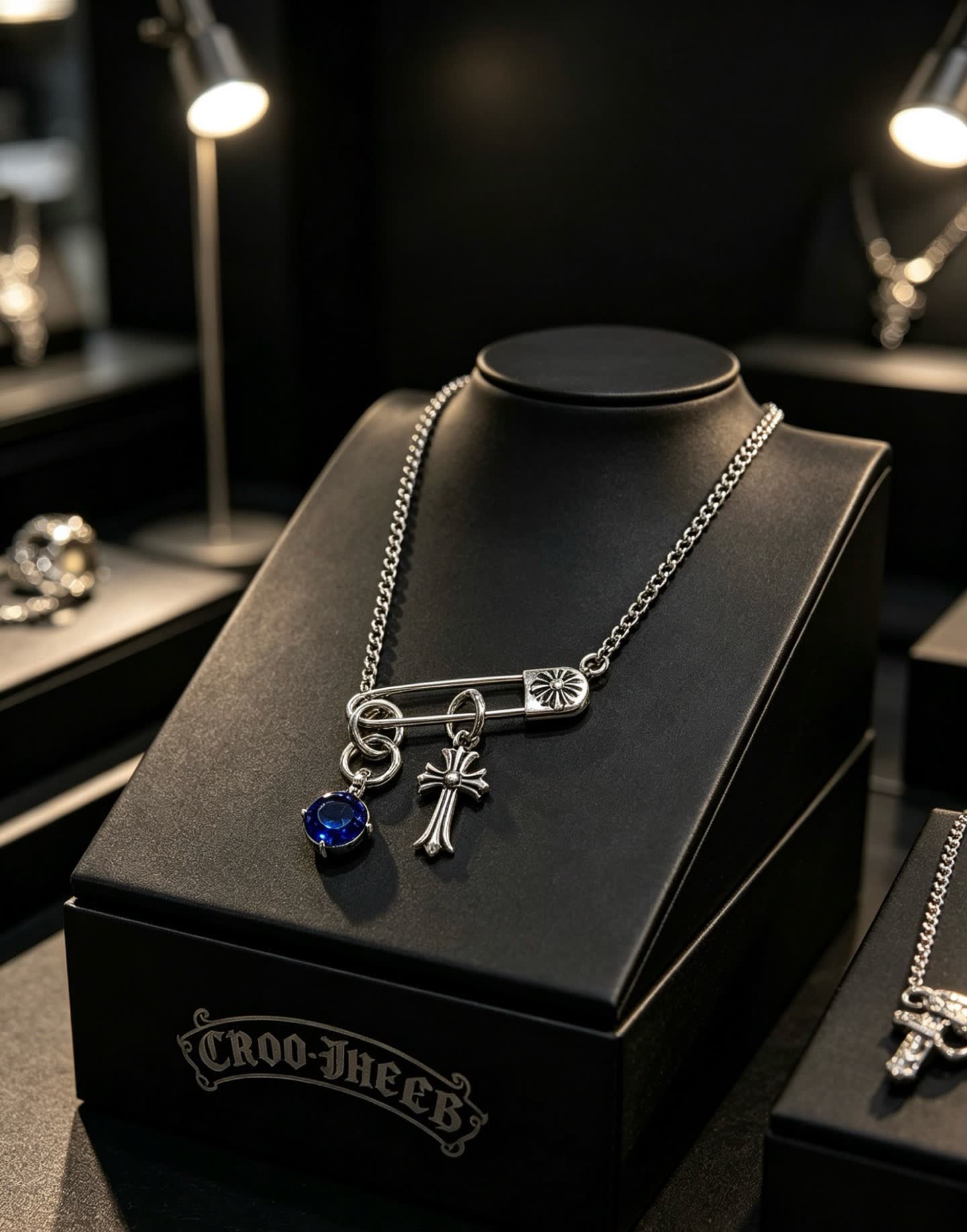 Chrome Hearts Silver Cross and Lock Charm Necklace with Blue Gemstone